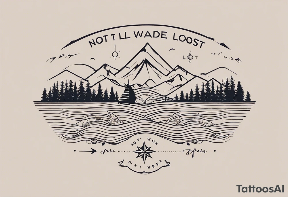 A half sleeve tattoo that features the quote **"Not all who wander are lost"** in elegant script on the outer forearm. Surrounding it are a compass rose and flowing elements like mountains, waves, and trees, symbolizing adventure and nature. Small travel icons like a plane and backpack are interspersed, enhancing the theme of exploration. The design uses a dynamic look that wraps naturally around your forearm. tattoo idea