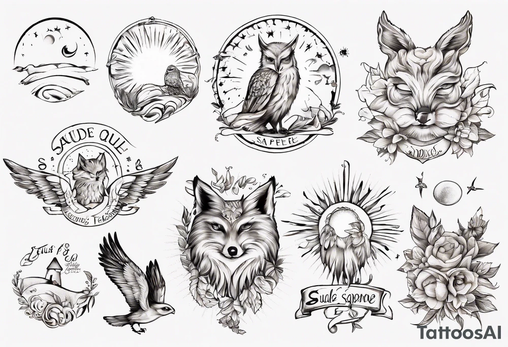 Fuchs und Eule unter der Sonne mit dem Schriftzug Sapere Aude tattoo idea