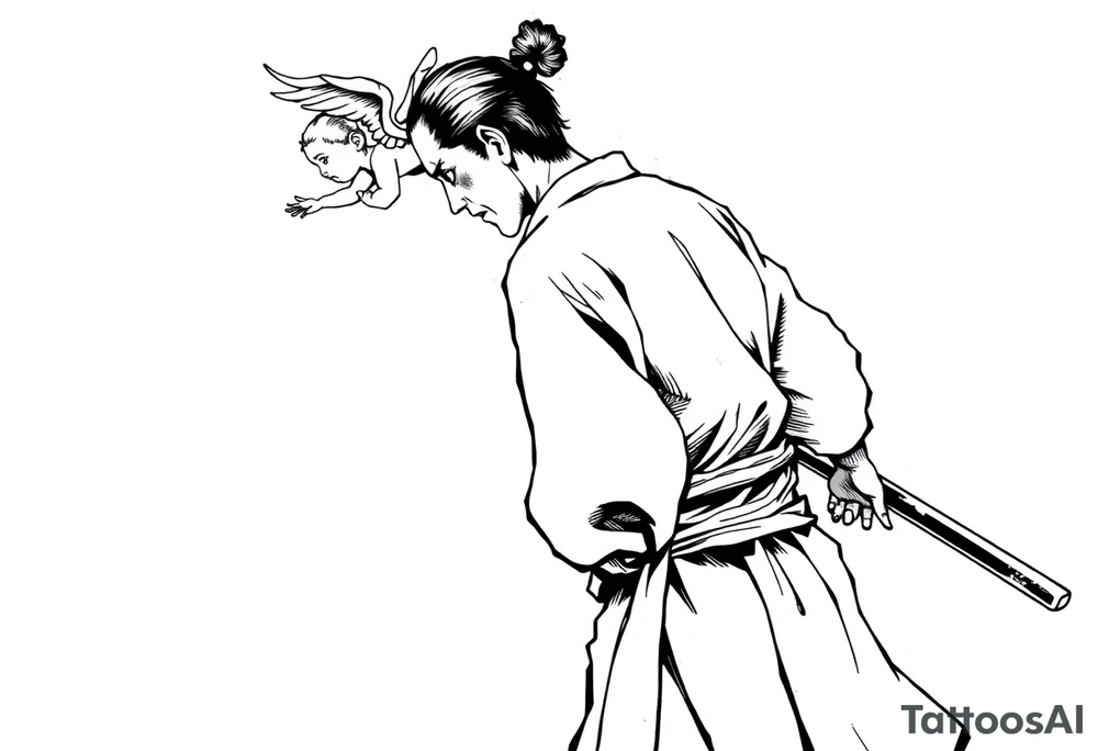A solemn Japanese samurai (or ronin) in traditional hakama and kimono, walking in profile view. A small winged cherub or angel is floating behind him, reaching out with its hand towards his back. Black and white ink sketch, high contrast, monochrome, manga style, clean lines, dynamic composition, with ink splatter details on a white background. --ar 1:1 tattoo idea