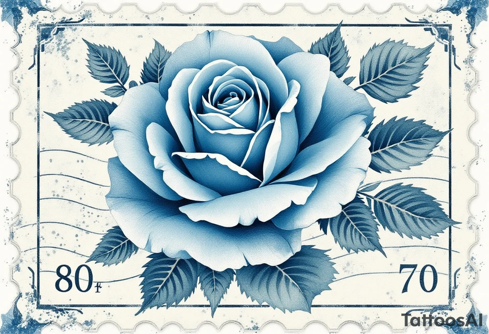 Vintage blue rose postage stamp design, rose in faded denim blue with distressed ink effects and postmark lines. tattoo idea