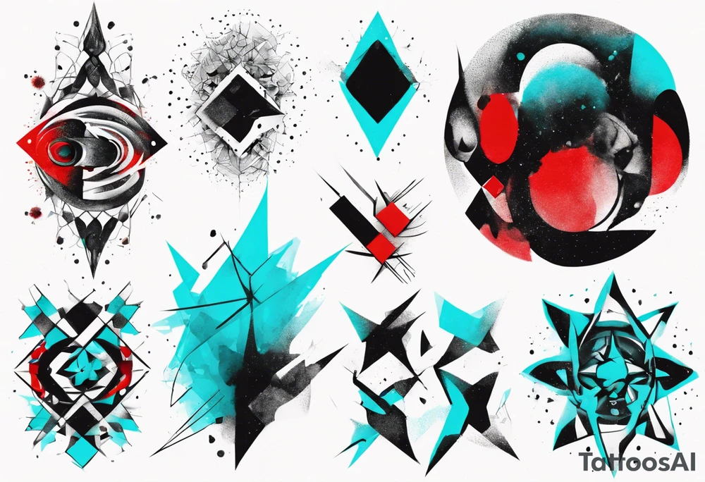 Modern and futuristic, protest, black, red and cyan, acquarel, abstract, geometric, fractal chaos tattoo idea