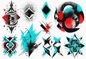 Modern and futuristic, protest, black, red and cyan, acquarel, abstract, geometric, fractal chaos tattoo idea