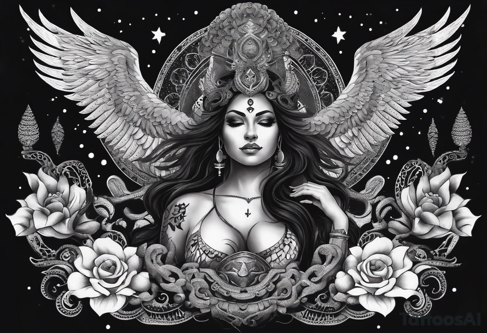 black kali, goddess pirate, alien, angel, pachamama, valkrye, warrior, flying, skull, lotus azul, wing, eagle, zenza resonance, stars, 5D, anahata chakra, death, durga, riding on a tiger, flying lady, kundalini, chest tatoo, samuri, rebel, serpent tattoo idea