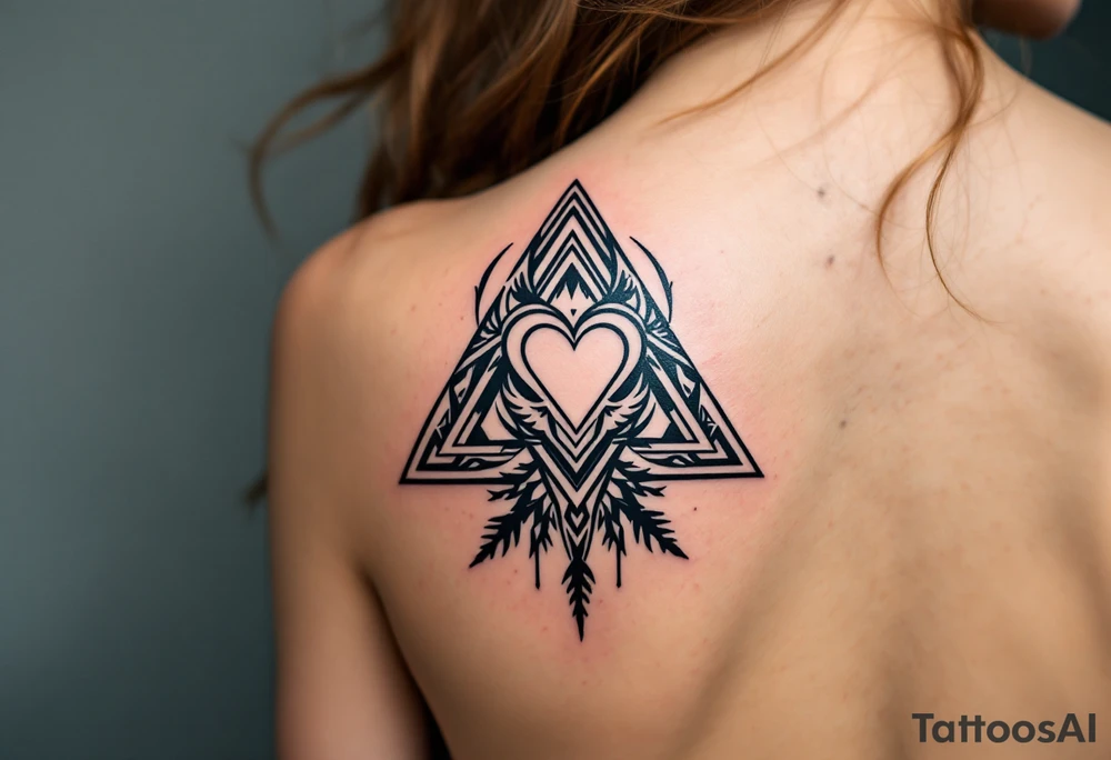 A triangle with a big heart in the center with a 
travel theme tattoo idea