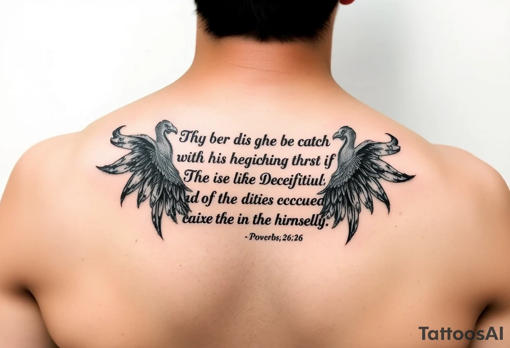 this bible verse proverbs 26: 25-26
He who hates, disguises it with his lips, And lays up deceit within himself,Their hatred may be concealed by deception, but their wickedness will be exposed in the assembly tattoo idea