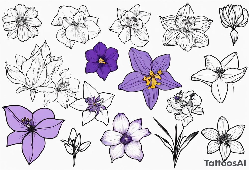 generate tattoo ideas for my forearm with the following flowers: Violet and iris, Daffodil and jonquil, Lily and hawthorn, Holly and narcissus tattoo idea