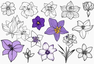 generate tattoo ideas for my forearm with the following flowers: Violet and iris, Daffodil and jonquil, Lily and hawthorn, Holly and narcissus tattoo idea