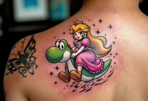 Princess Peach riding Yoshi from Mario Bros with vibrant colors. Make it more like the super Mario bros movie tattoo idea