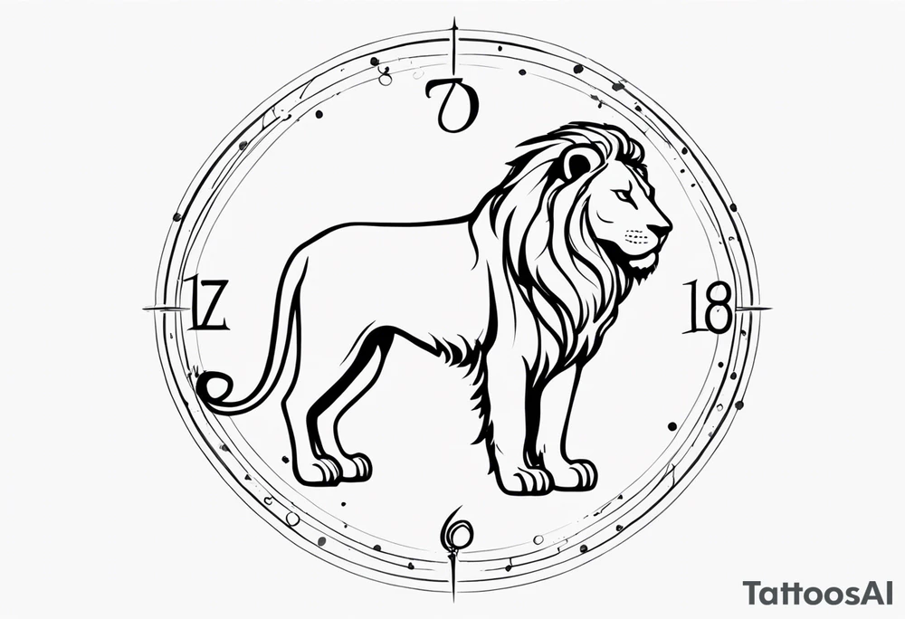 A tattoo in delicate style, so gentle. The symbol zodiac sign, Leo. The sketch should include fire, something delicate like that, and the numbers 7 and 8. With no lion. tattoo idea