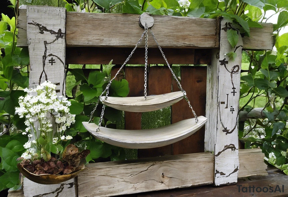 I need you to draw me a old libra scale out of tattered wood. The ends of the cross of wood need to be  broken. I need the bottom to look tattered possible cracks and holes  in wood of scale. I need vines with little white flowers wrapped all the way up the scale across the wood beam. And I want the scale bowls need to be attached by the vines. And I want the two weights of the scale to be wooden as well. They also need to look tattered. The weights need to be fastened on by the vines. I need to make it look like the ends of the vines on both scales is just loosely. I need to incorporate pieces koi fish in beautiful blues greens, and pinks.The fish need to be one on each scale balancing the scale and the tail of the left on, pointing down. the beautiful fish tail fins needs to be covering part of the tattered piece and the fish on the rights tail will be facing unpard with the fin of beauty starting to court the same pic the pieces fish need to be placed in the scale bowls the need to of large size to so theyv  Fill each scale and are persuading out the bowls

Why aren't you adding the pieces fish swimming in opposite directions one on each bowl tattoo idea