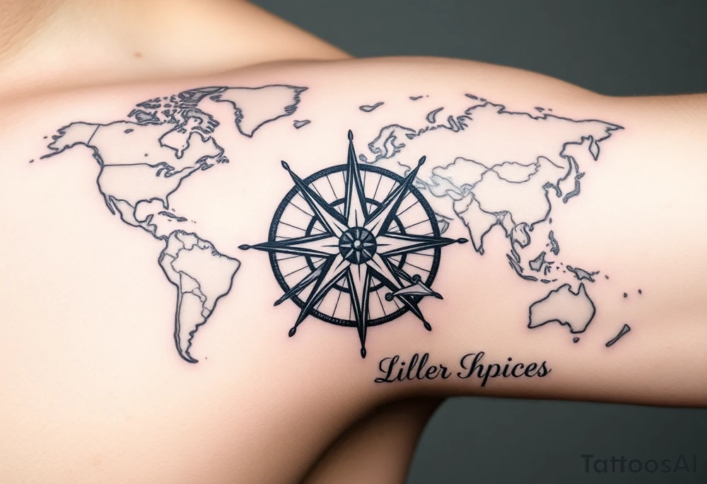 antique compass rose overlaid on weathered world map with sailing ships tattoo idea