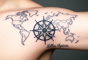 antique compass rose overlaid on weathered world map with sailing ships tattoo idea