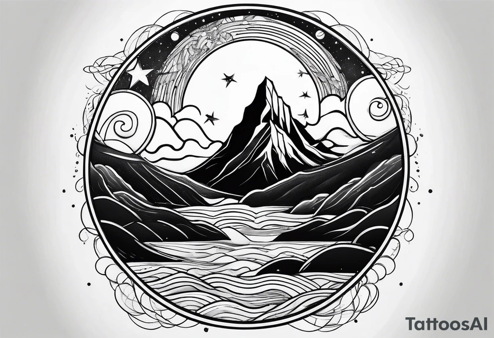 line art mountain vs space with waves tattoo idea