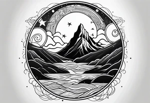 line art mountain vs space with waves tattoo idea
