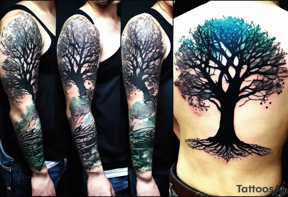 Sleeve tattoo of a technological tree that has some marine corps features tattoo idea