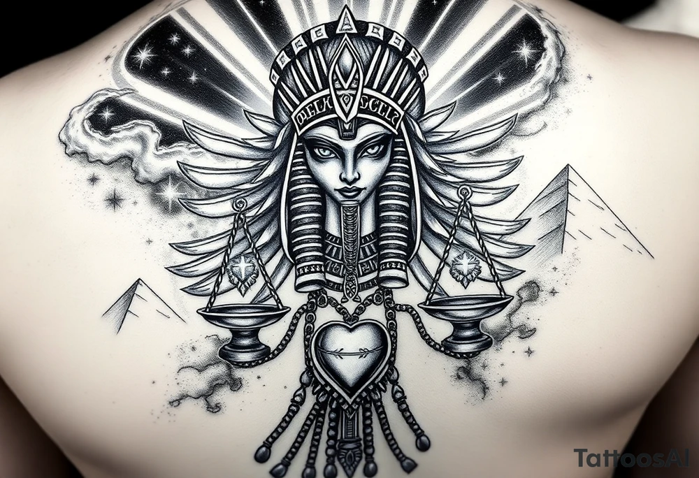 “Super realistic black and grey tattoo of the Egyptian goddess Ma’at, depicted as a regal woman with an ostrich feather headdress, intense glowing eyes, and intricate ancient Egyptian jewelry. She stands or floats amidst swirling cosmic energy and beams of light, with subtle hieroglyphics and pyramids in the background. Incorporate the Scales of Justice—one side holding a heart, the other Ma’at’s feather—glowing with ethereal energy. Emphasize dramatic lighting, deep shadows, and surreal, mystical atmosphere to match a sleeve with Anubis and cosmic motifs. Design should flow with existing sleeve art, using soft transitions and layered textures. tattoo idea
