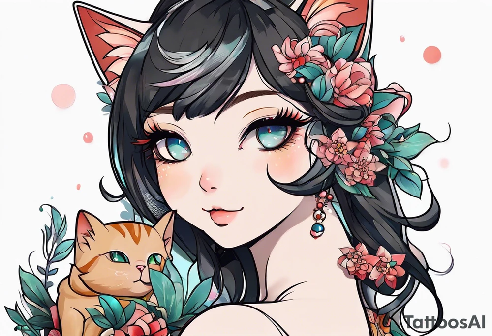 Sexy cat waifu with her ears being rubbed tattoo idea