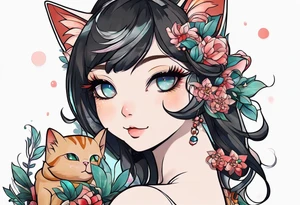 Sexy cat waifu with her ears being rubbed tattoo idea