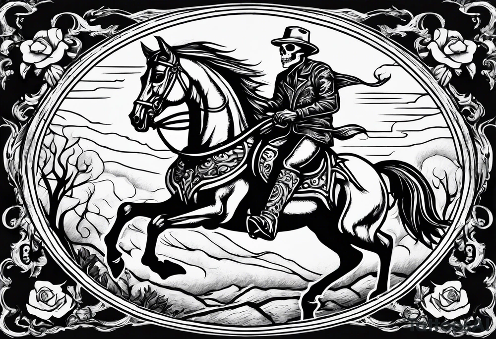 Skeleton riding a horse on fire tattoo idea