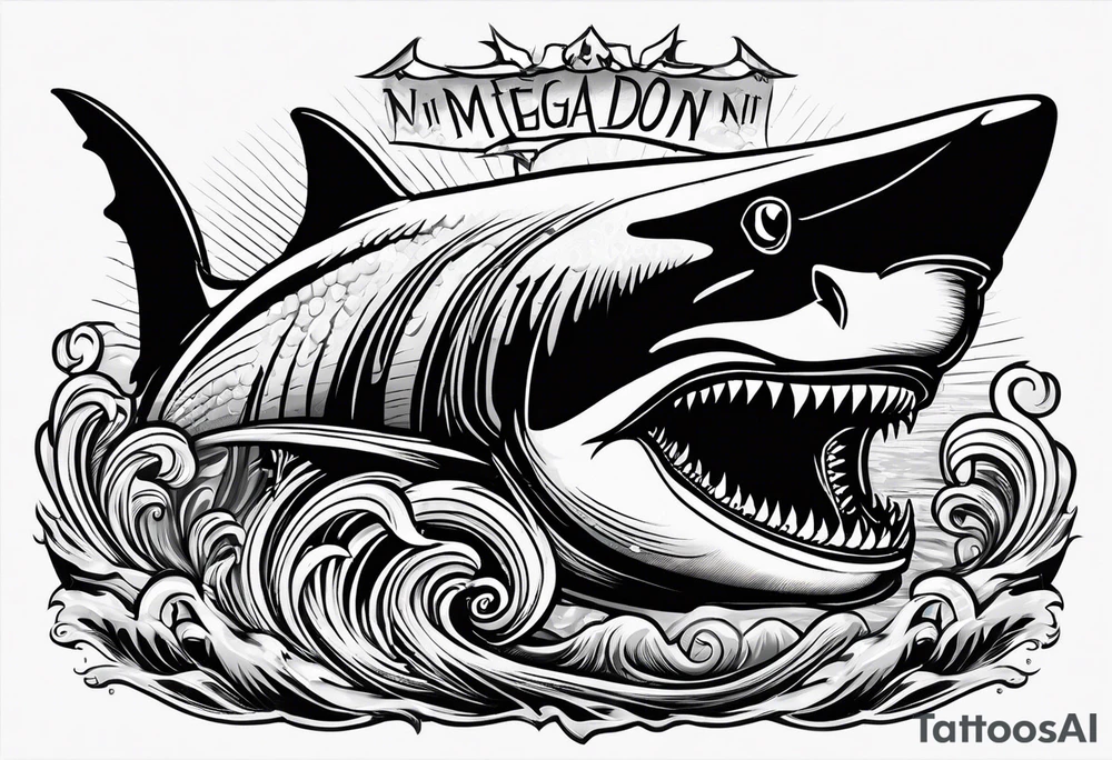 megalodon ni text vertically with the shark and the water wrapping around the text tattoo idea