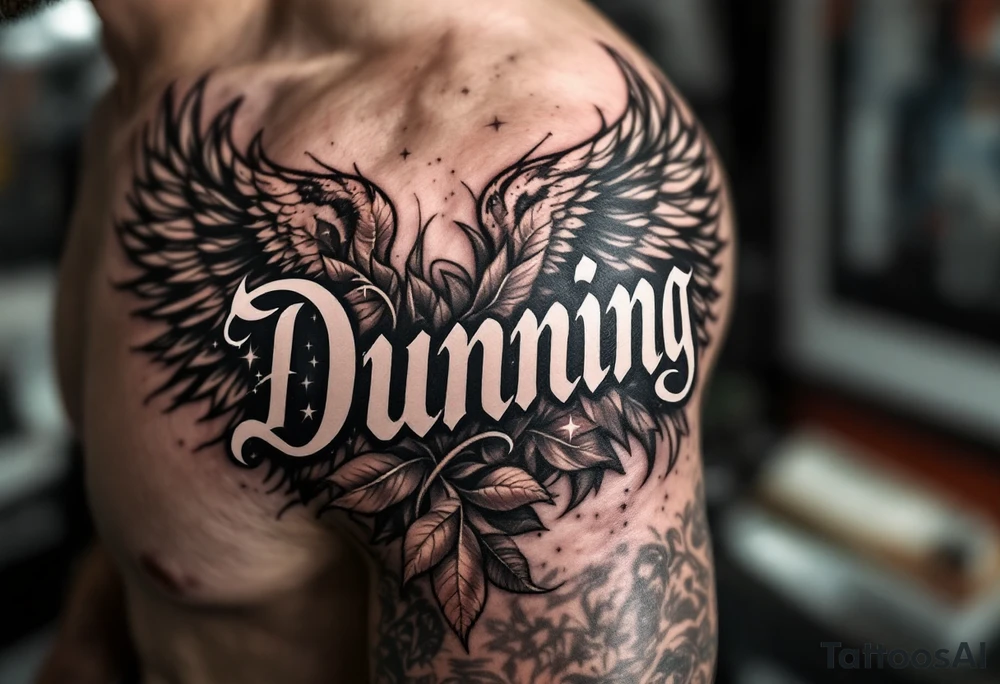 Dunning, Details include on left arm, name in white color,angel wing, wet jungle leaves,cool font, galaxy background filling, tattoo idea