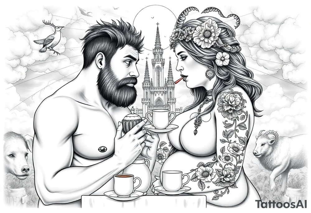 Naked Man and fat woman having sex eating cupcakes and  fruit  having sexy naked fat lady having a tea party with tea pots  swith fancy castle  
with mystical  aries a pigs, peacock,  lion, goat, noose and smoking cigerettes looking in the mirror thru storm clouds and broken hearts and darkness and wrath, envy , gluttony, greed, sloth, pride . Gothic tattoo idea