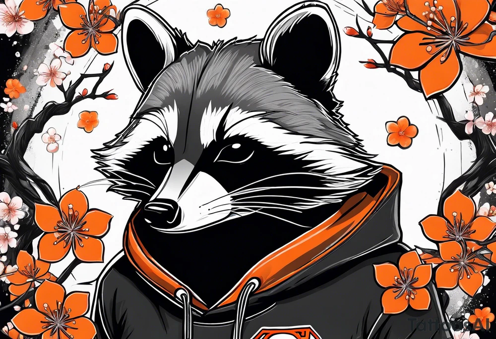 Raccoon wearing a white Superman logo on a black hoodie and orange Japanese cherry blossoms beside tattoo idea