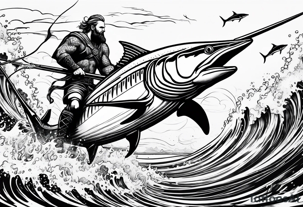 viking superhero catching a blue marlin with tuna jumping tattoo idea