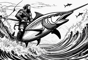 viking superhero catching a blue marlin with tuna jumping tattoo idea