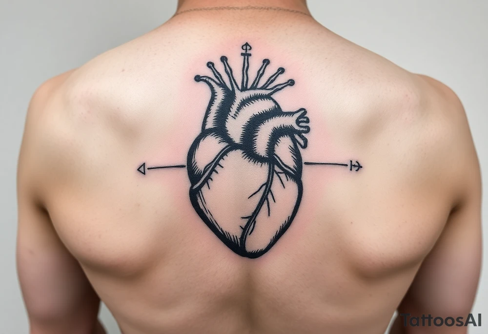 woodcut realistic human heart etching tattoo high detail anatomy with lines coming off of it like a nautical compass tattoo idea