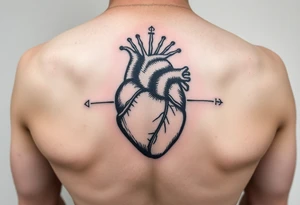 woodcut realistic human heart etching tattoo high detail anatomy with lines coming off of it like a nautical compass tattoo idea
