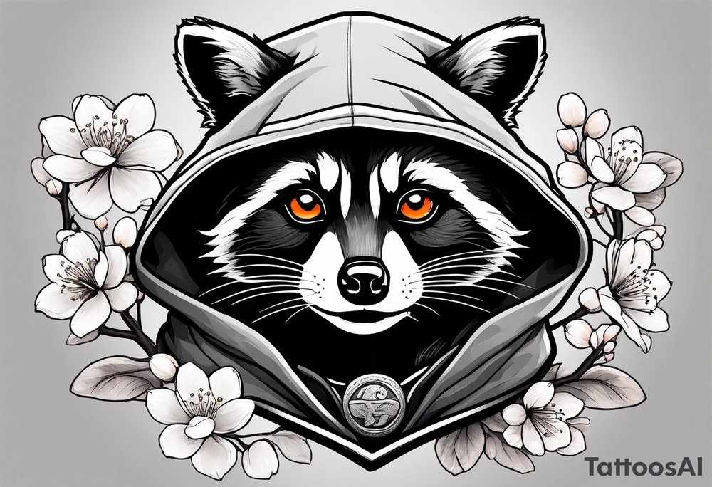 Raccoon wearing a white Superman logo on a black hoodie and orange Japanese cherry blossoms tattoo idea