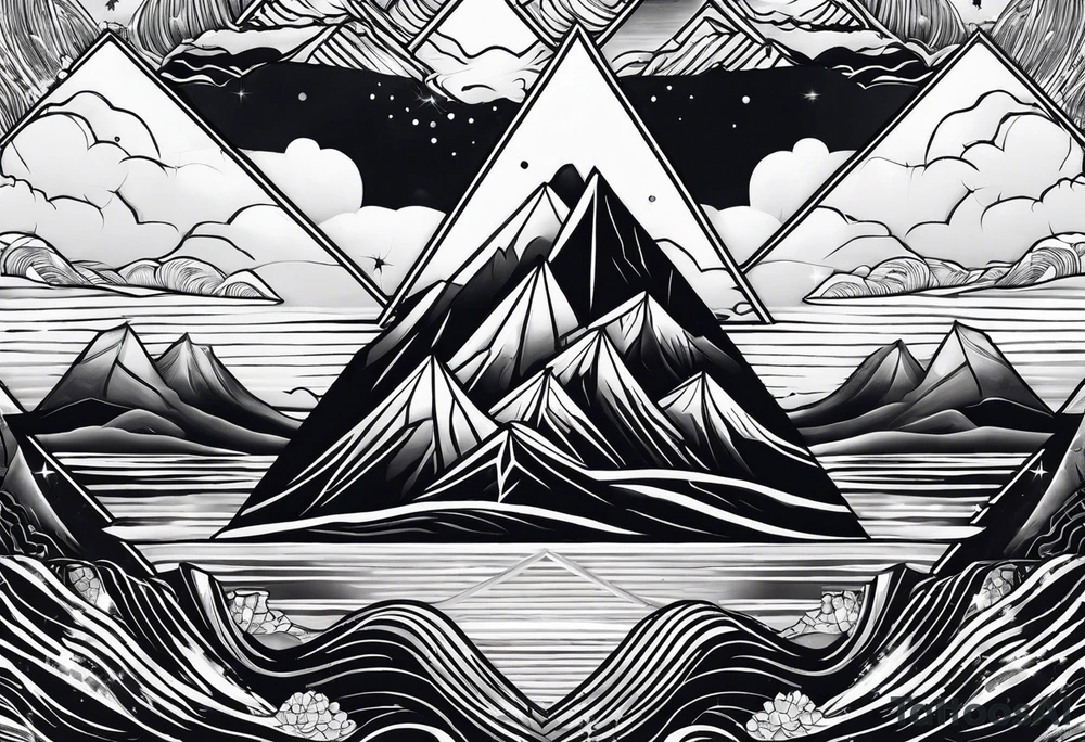 Mountains and ocean waves in a diamond shape tattoo idea