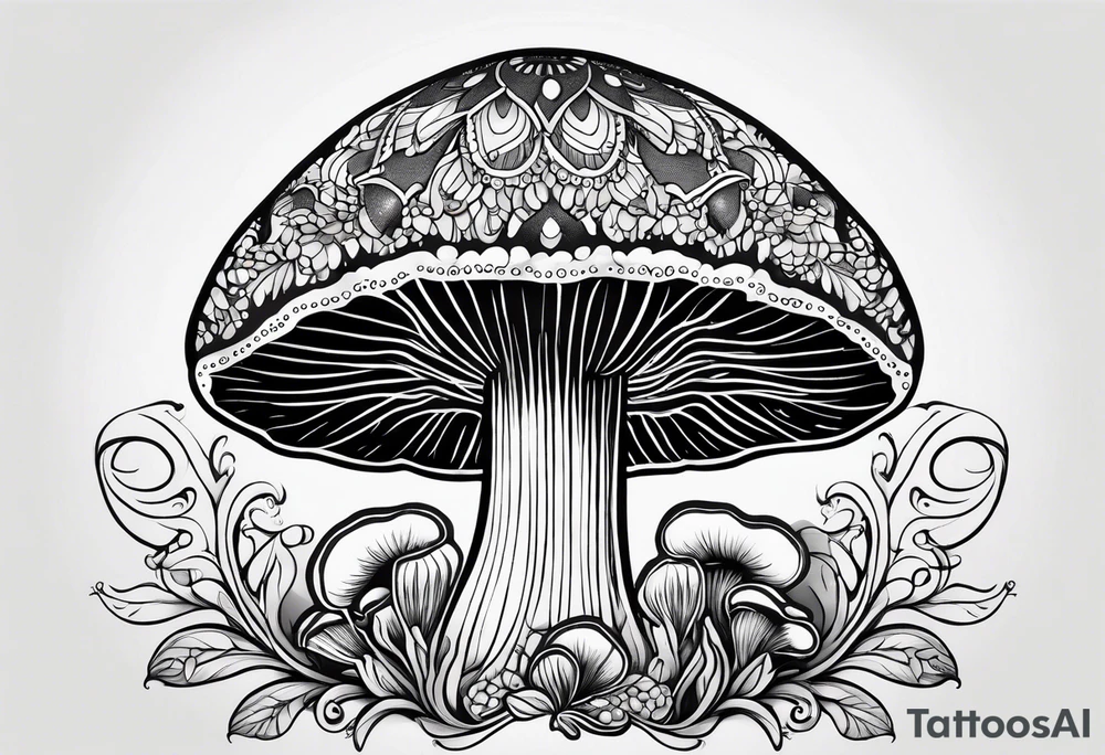 Large Shaggy cap mushroom dripping ink off cap with 4 smaller mushrooms around it mandala henna black tattoo design tattoo idea