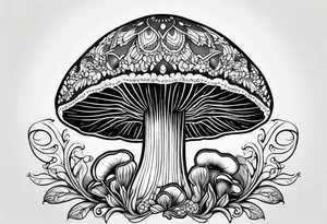 Large Shaggy cap mushroom dripping ink off cap with 4 smaller mushrooms around it mandala henna black tattoo design tattoo idea