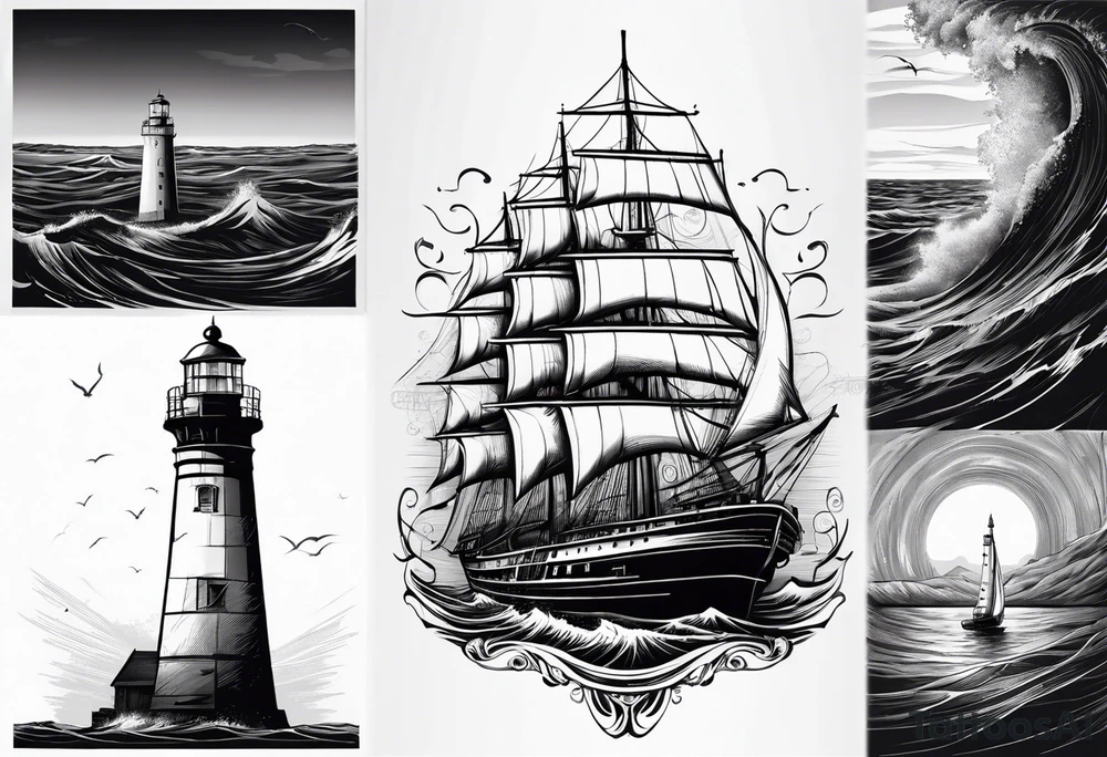 voilier vue de face. phare maritime fixé au centre du voilier et utilisé comme un mat pour les voiles. tattoo idea