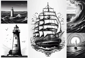 voilier vue de face. phare maritime fixé au centre du voilier et utilisé comme un mat pour les voiles. tattoo idea