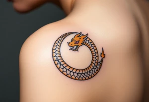 A golden dragon Ouroboros snake forming cyrcle with ruby eyes, its body covered in ancient markings, resembling a divine entity. tattoo idea