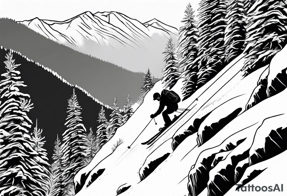 snow skier coming off cliff with trees and mountains tattoo idea