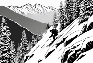 snow skier coming off cliff with trees and mountains tattoo idea