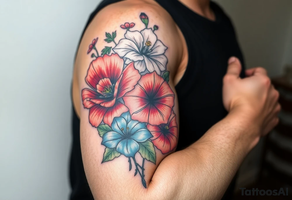 Fore arm tattoo in the neo american traditional style. I want to incorporate a few different flowers: Poppies, Morning Glory, Narcissus tattoo idea