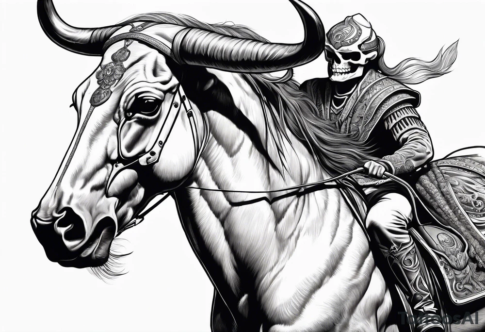 Skeleton riding bull tattoo idea