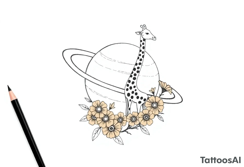 Saturn with a giraffe and marigold flowers tattoo idea