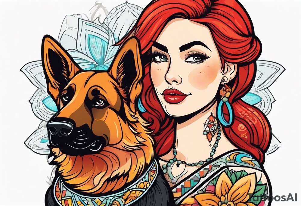 red hair woman with German shepherd dog tattoo idea