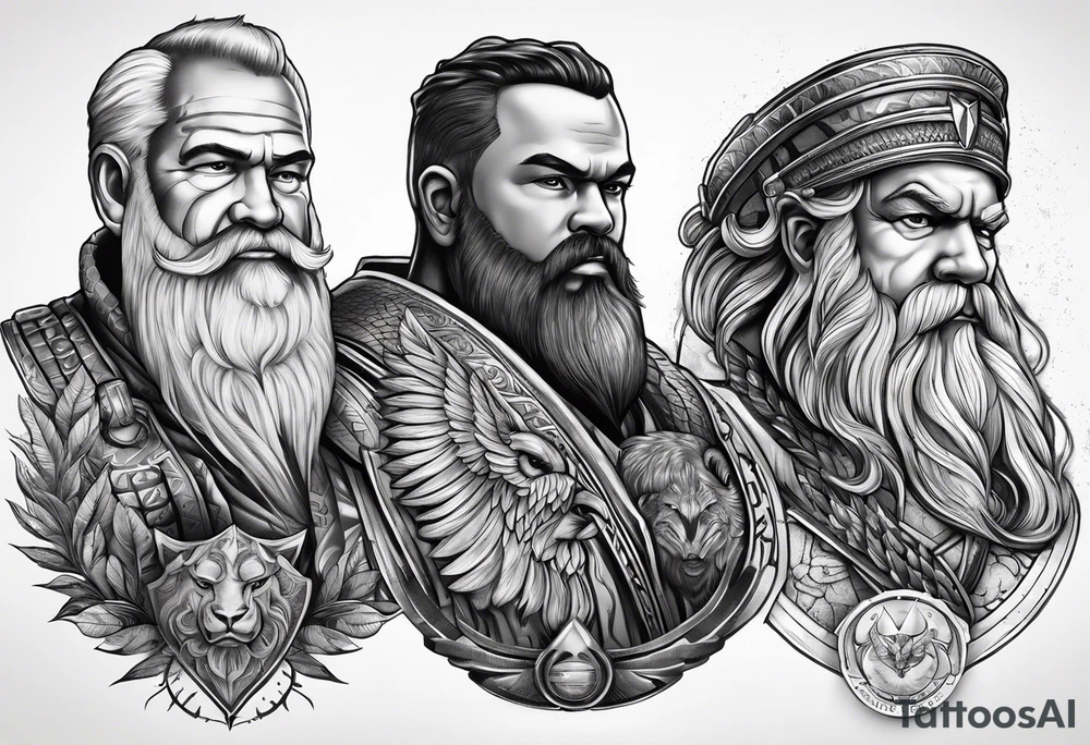 Vishnu, Odin, Zeus, and chesty puller. Upper arm tattoo idea