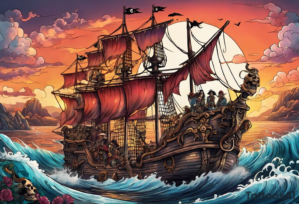 multiple skull pirates together with a sea serpent dragon with a sunset background and sexy wenches tattoo idea