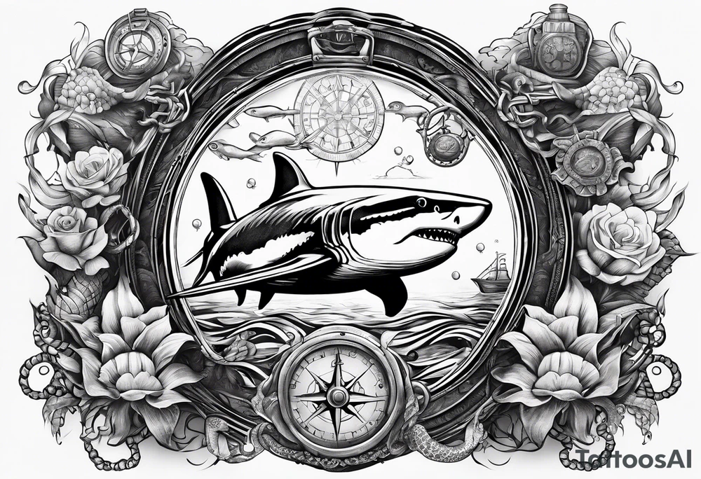 Nautical theme leg tattoo with shark, turtle, treasure map, compass, octopus, bell diver tattoo idea