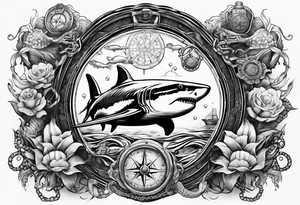 Nautical theme leg tattoo with shark, turtle, treasure map, compass, octopus, bell diver tattoo idea
