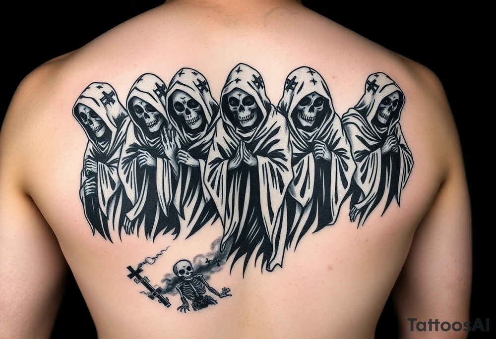 dark black and grey horror tattoo sleeve, procession of hooded skeletal ghouls standing side by side like corrupted ancient preachers, subtle elongated skull faces inspired by ghostface mask, tattered flowing robes, ominous religious atmosphere, false prophets leading souls to damnation, one skeletal victim being dragged away at the bottom, smoky hellfire filler near the lower section, subtle robe-like filler in upper section, high contrast realism, gothic graveyard background with sparse large distant crosses, cursed sermon aesthetic, detailed tattoo stencil style, smooth readable composition, realistic 
blackwork tattoo” tattoo idea