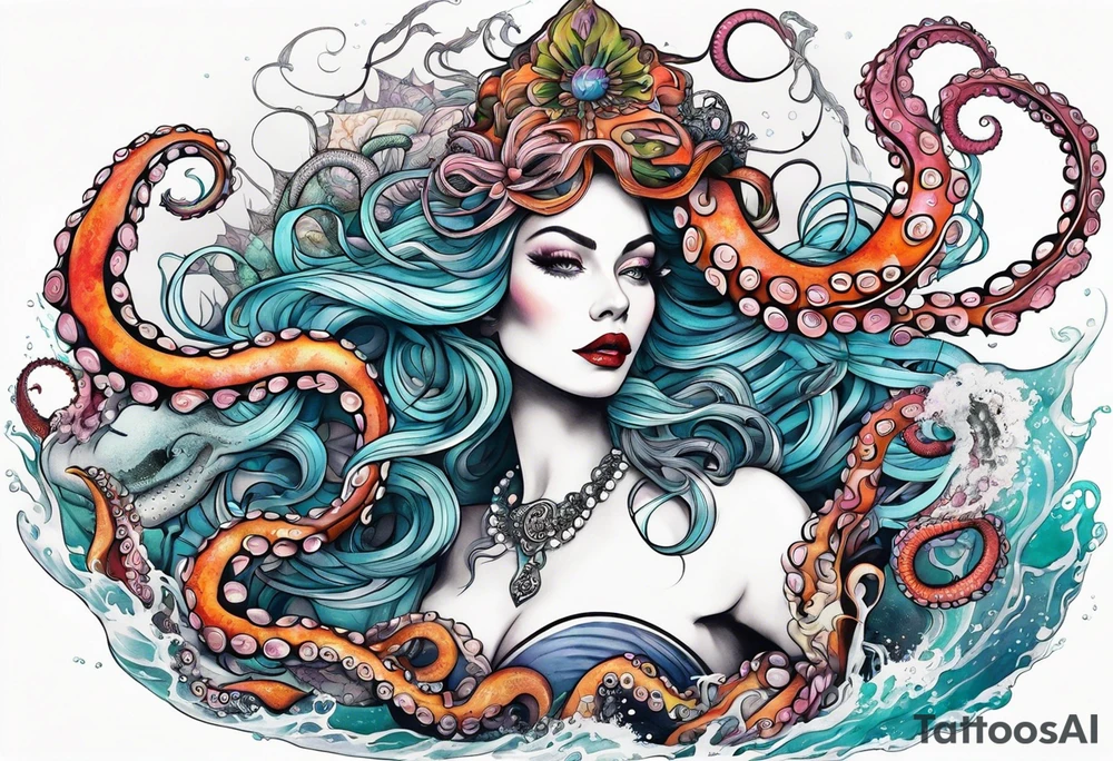 Sea witch with octopus tentacles for legs pinup style tattoo idea
